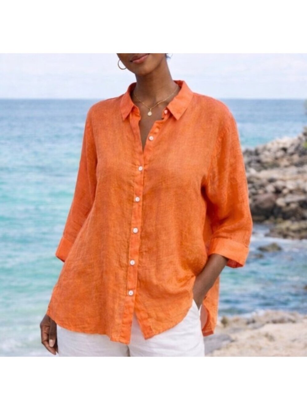 Chicos 100% Linen Button Down Shirt Tunic Womens 2XL 4 Orange Lagenlook Coastal - Picture 2 of 15